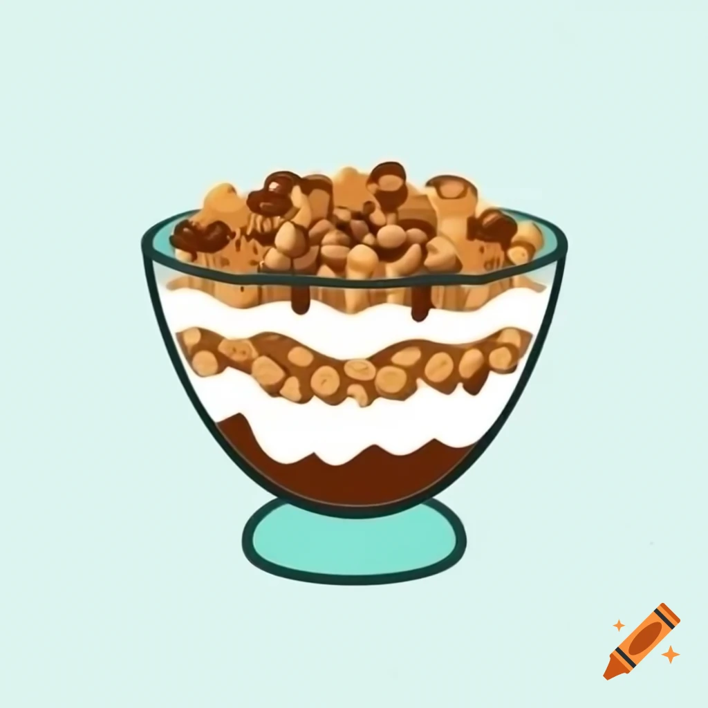 Layered granola bowl with yogurt, chocolate, peanut butter, and maple syrup in clear glass
