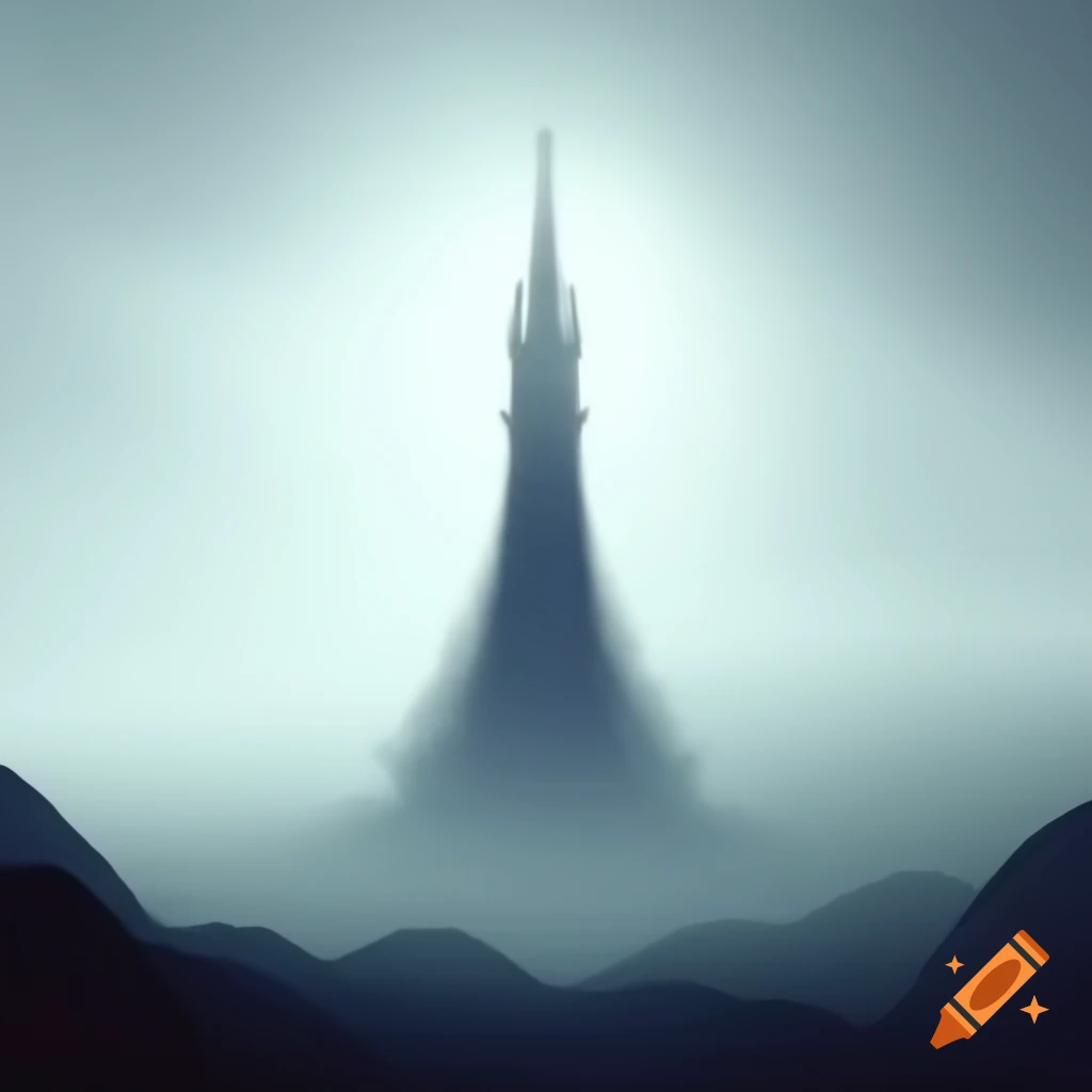 Majestic spire rising from misty horizon, symbolizing exploration