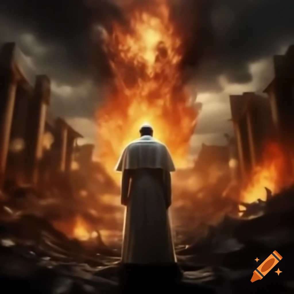 Which Pope Exploded Pope Francis observing chaotic scene of destruction with flames on Craiyon