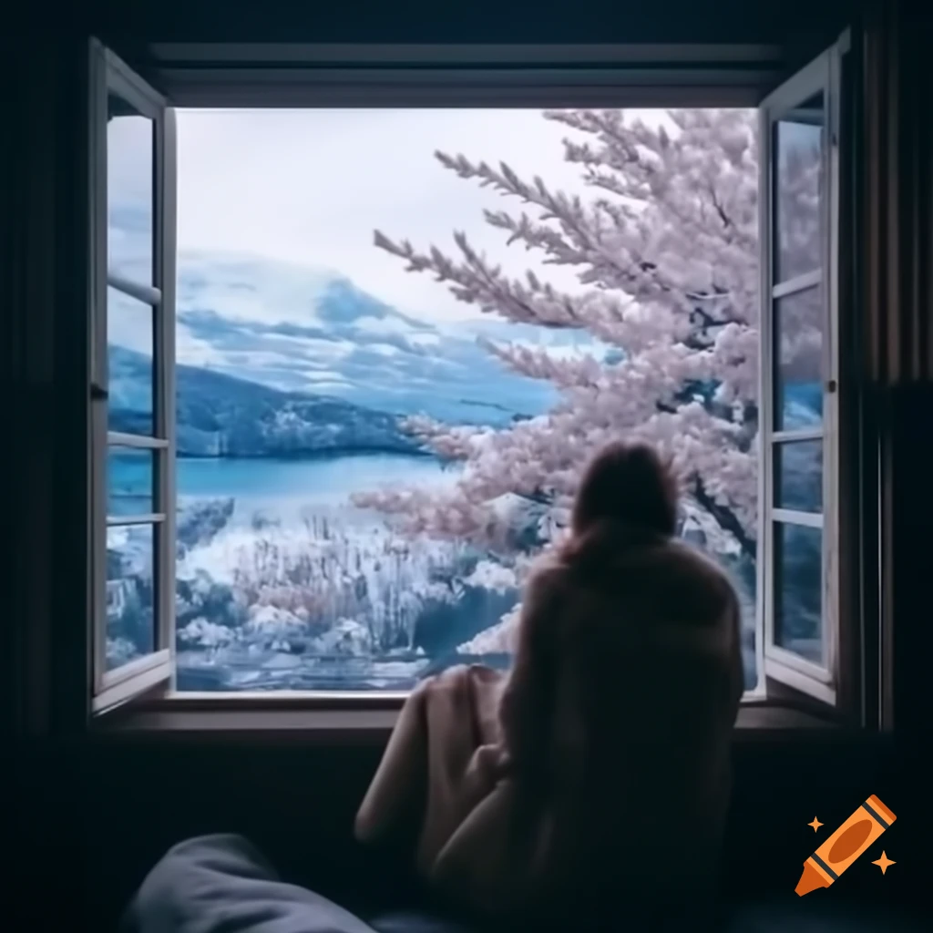 Woman by window gazing at serene snow-covered blossoms