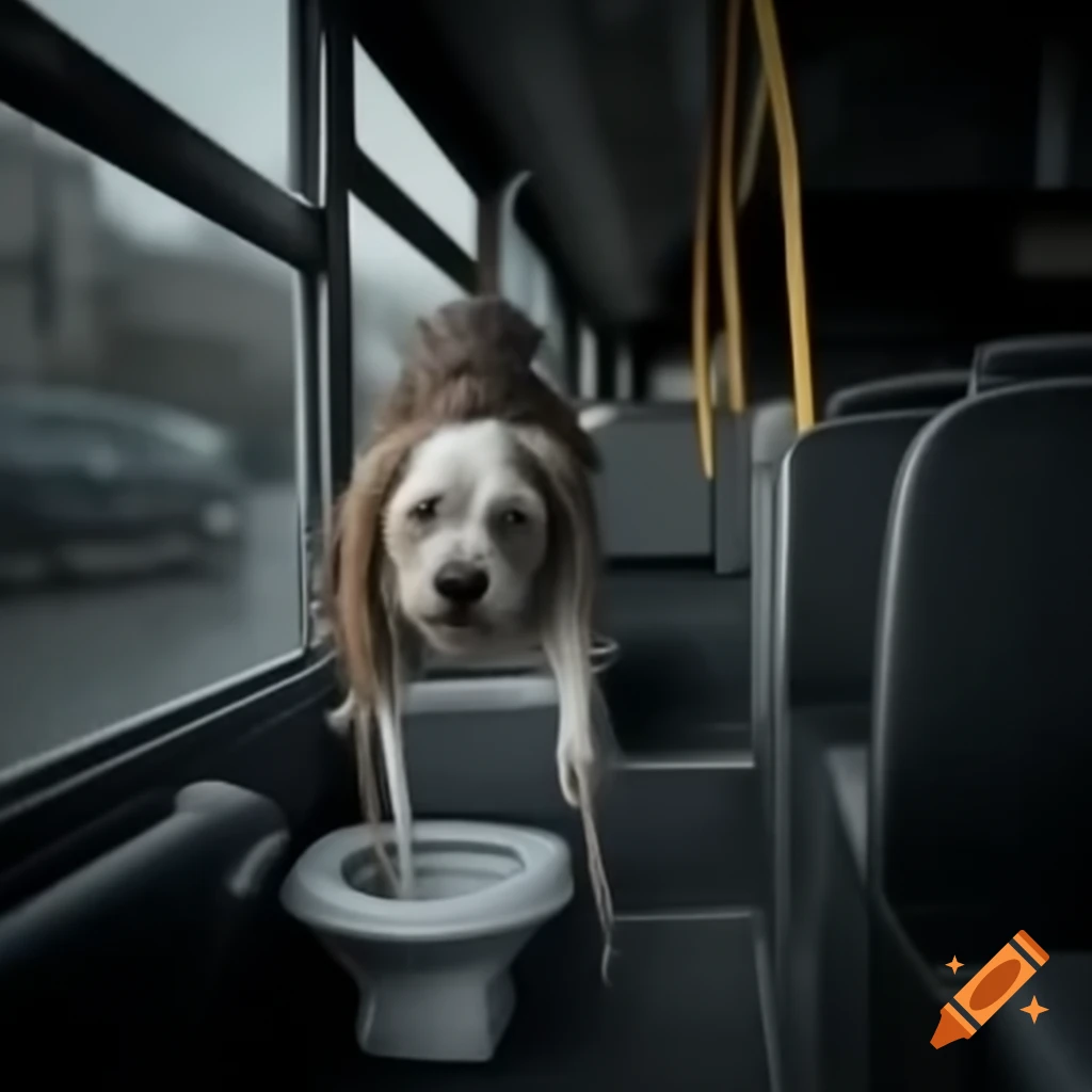 Wet dog getting on bus while carrying toilet
