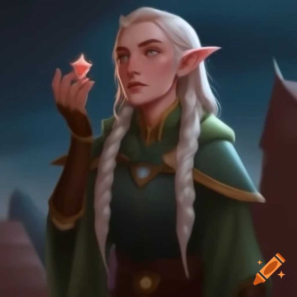 Elf cleric gazing into the distance with a mysterious expression on Craiyon