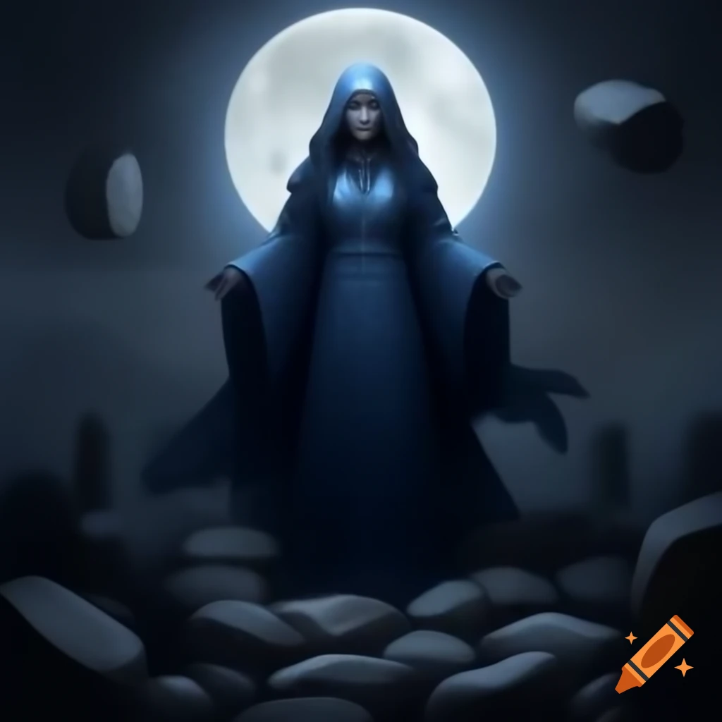 Mystical figure in blue performing ritual with sacred stones under full moon