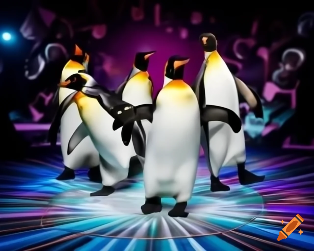 Party penguins dancing on disco floor with soapy foam