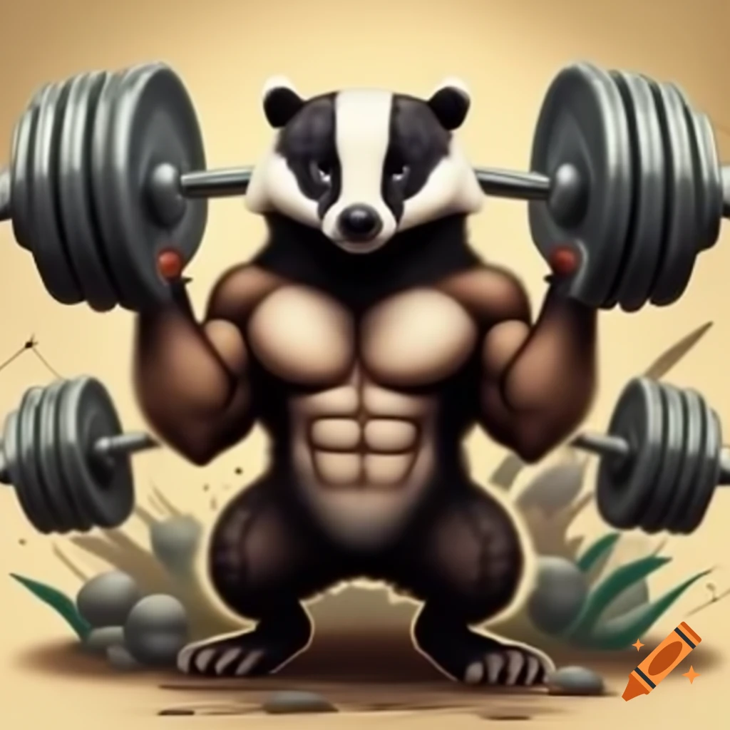 Muscular badger lifting weights with 'iron badger' text