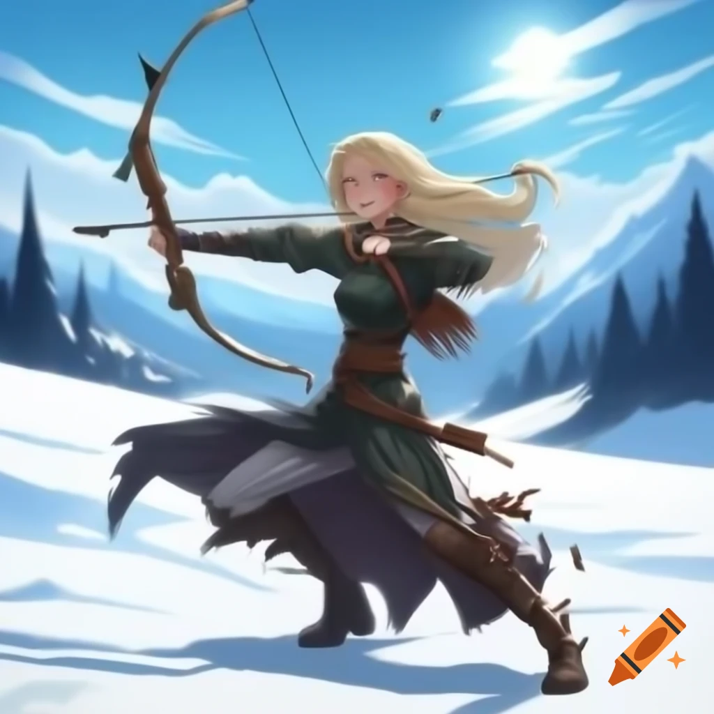 Female elf archer in snowy landscape aiming bow with fierce expression