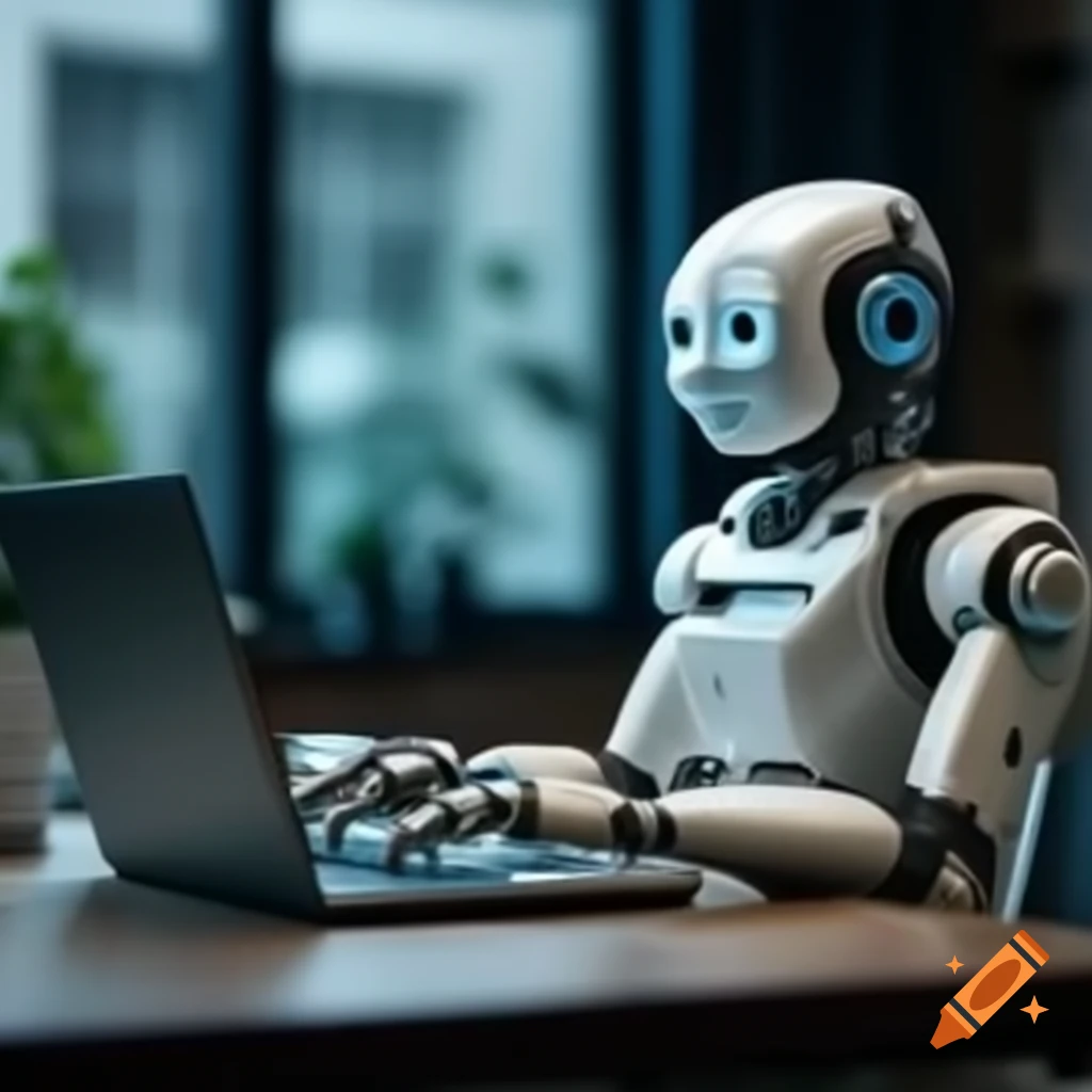 Robot using a smart laptop in a modern setting