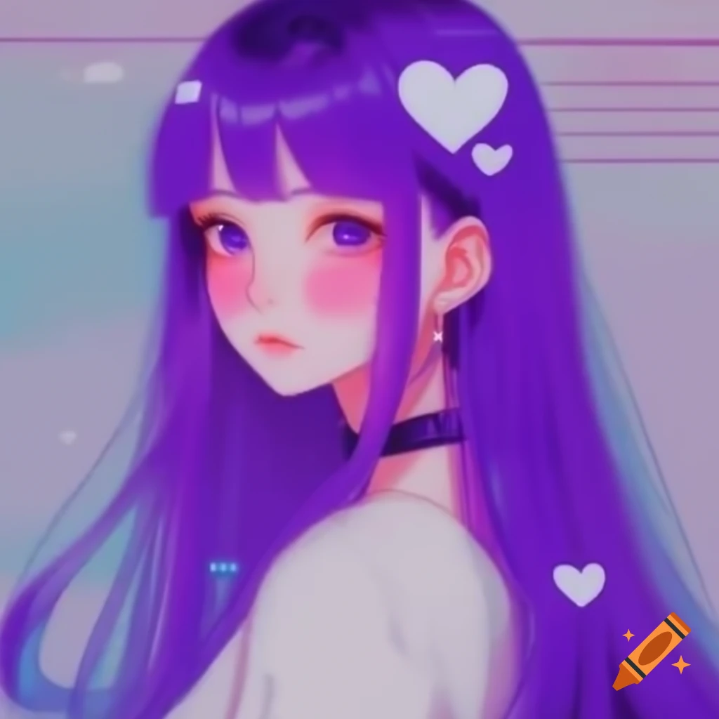 Anime woman with long purple hair and white hearts, vaporwave background