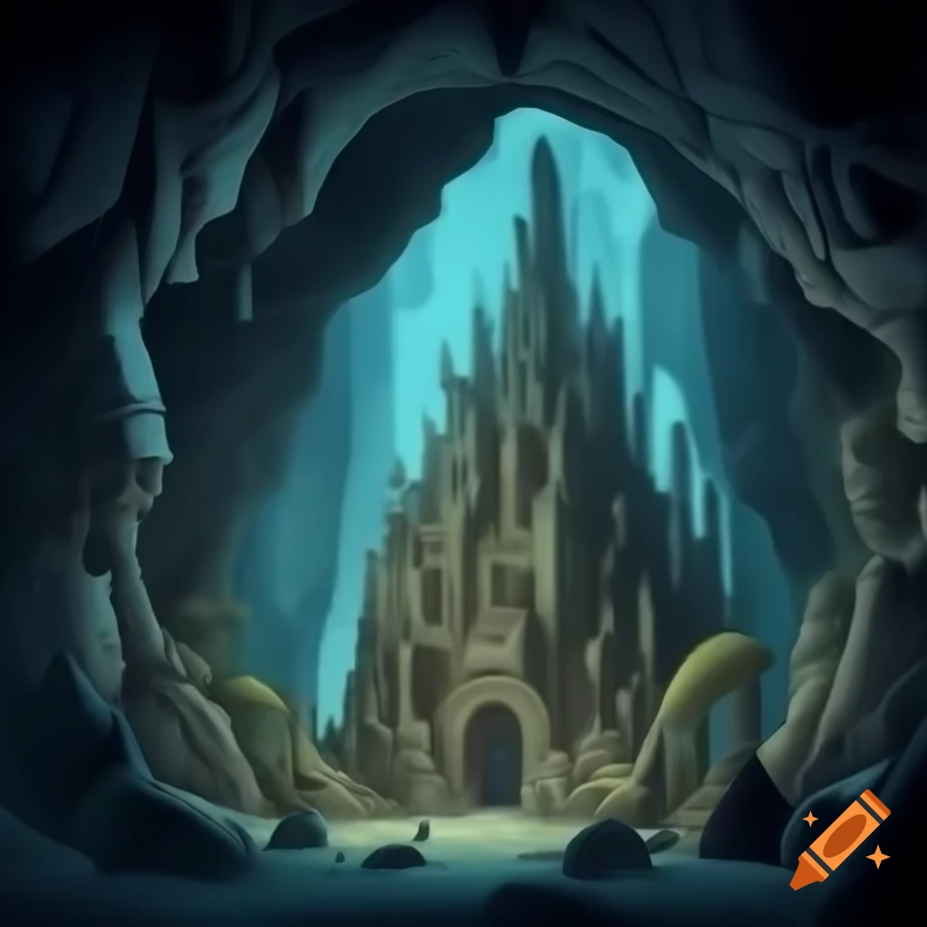 Highly detailed cartoon illustration of mindflayer city in underground cavern