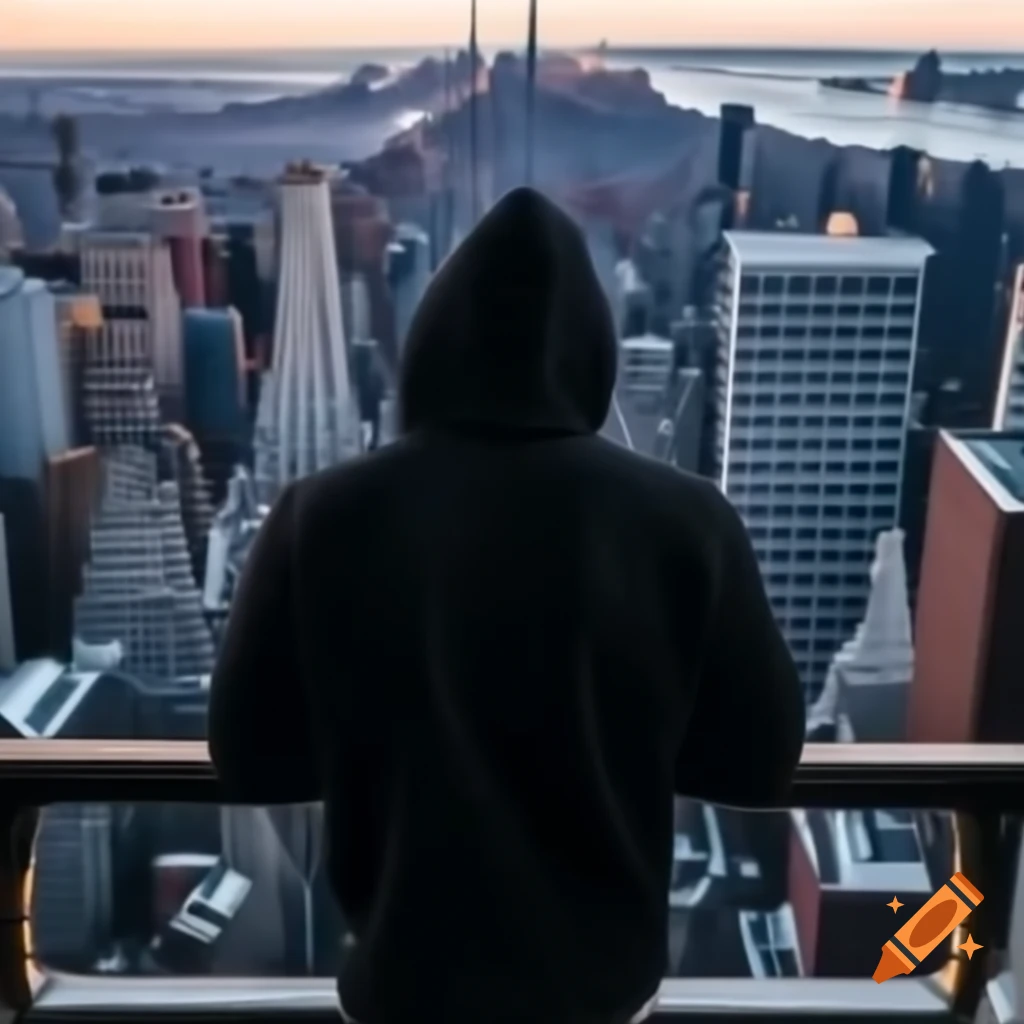Silhouette of a man in black hoodie overlooking New York city and lake