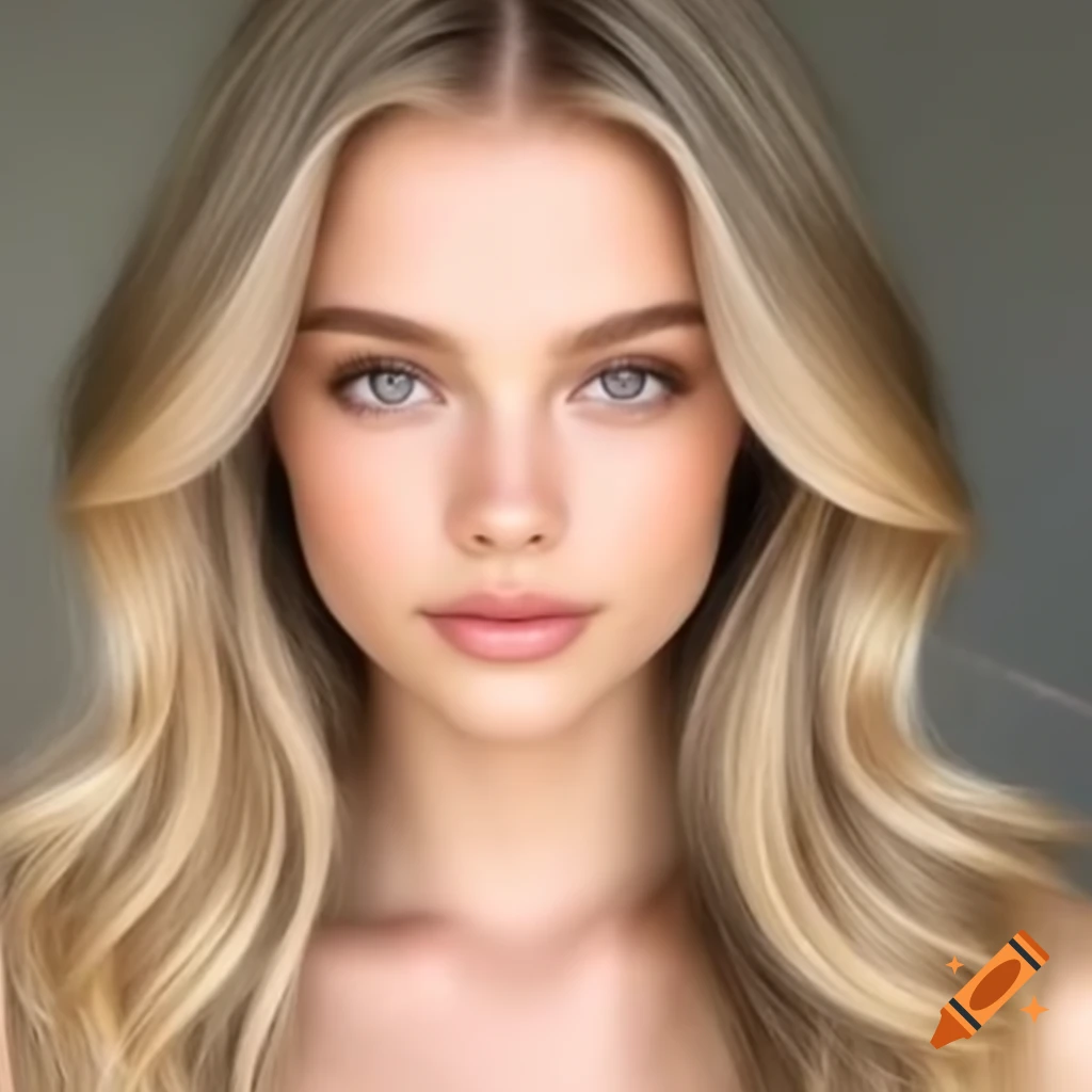 European female model with wavy blonde hair and brown eyes