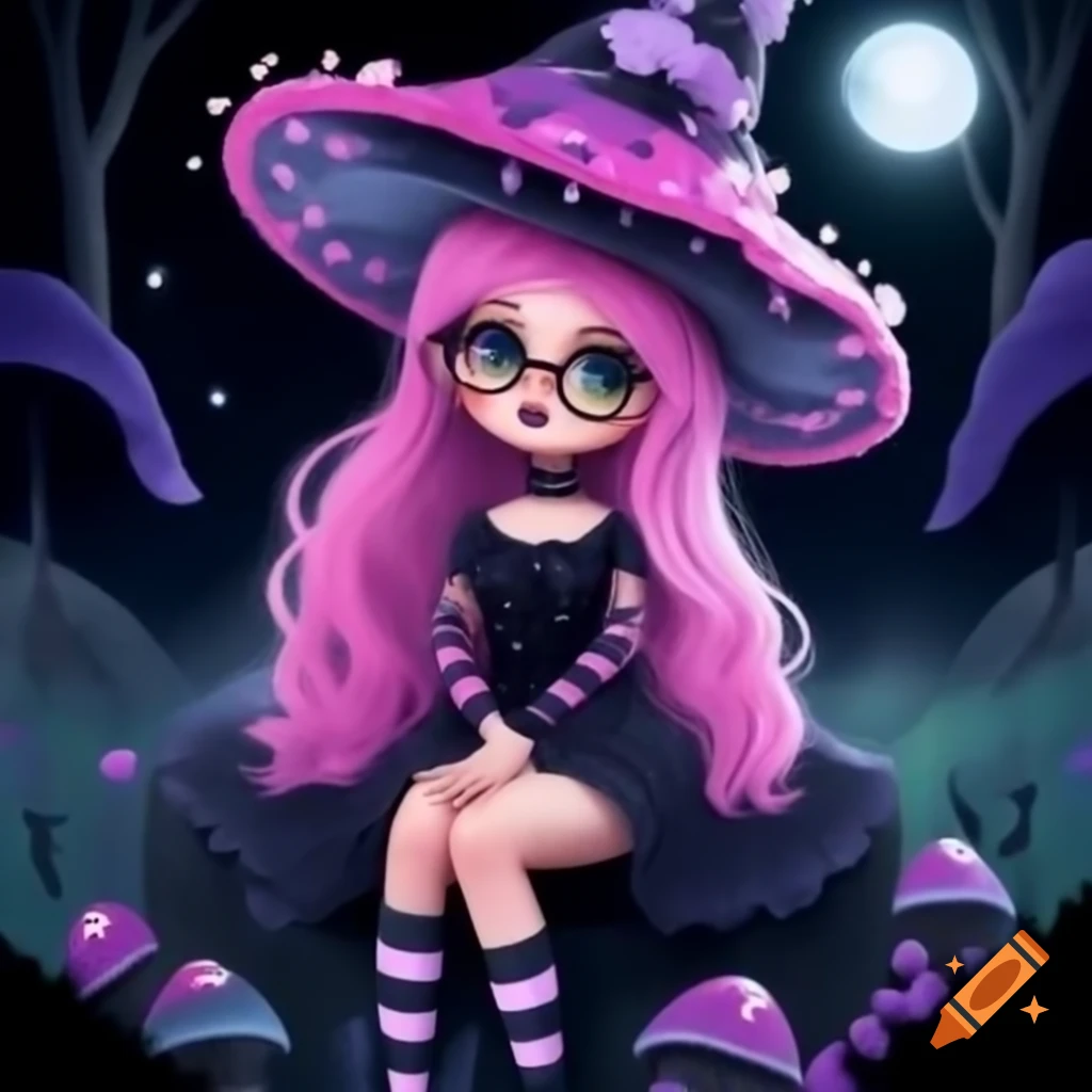 Pretty witch with pink hair on a large spotted mushroom wearing a black and pink outfit