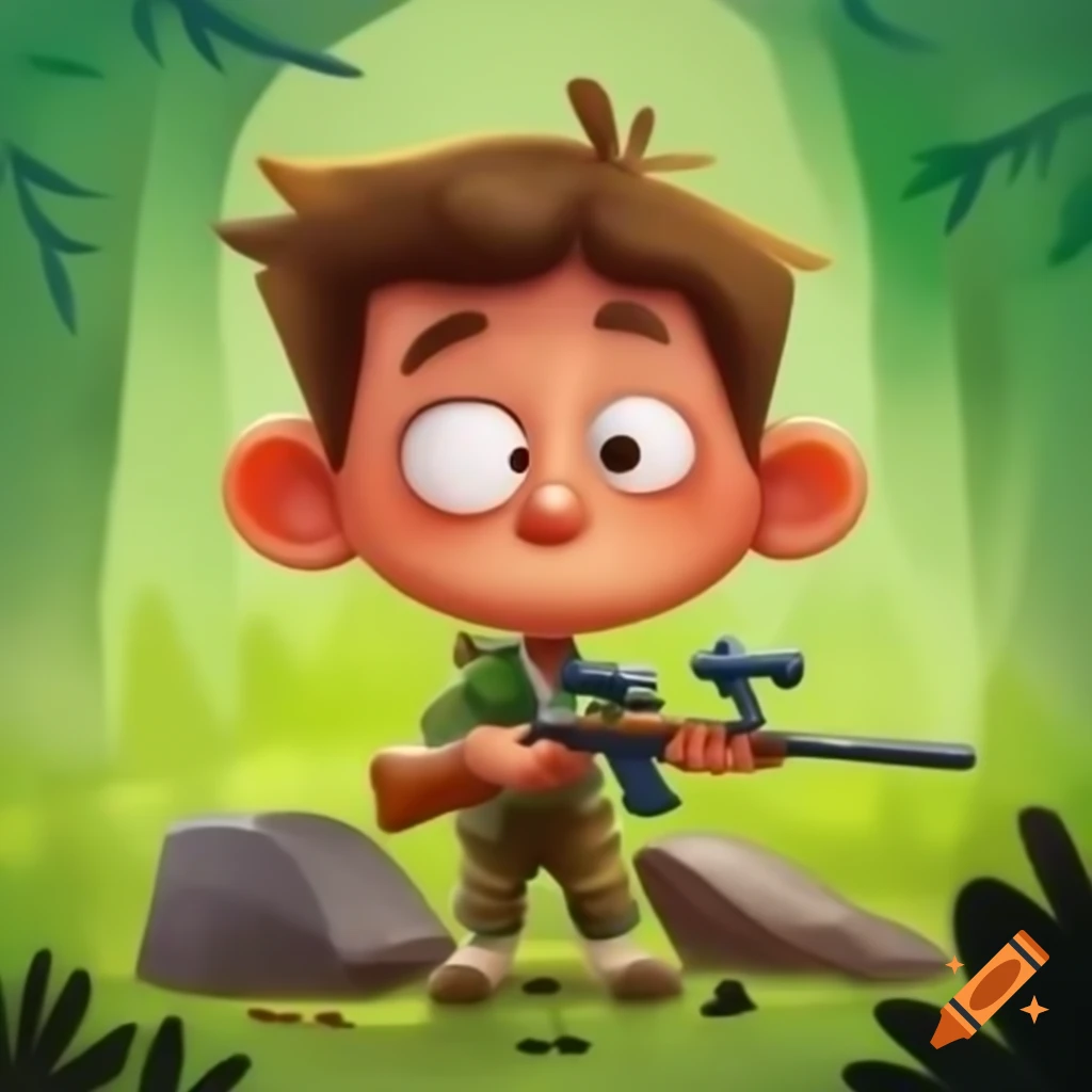Funny caricature of a boy in hunter attire with toy rifle and short hair, colored drawing