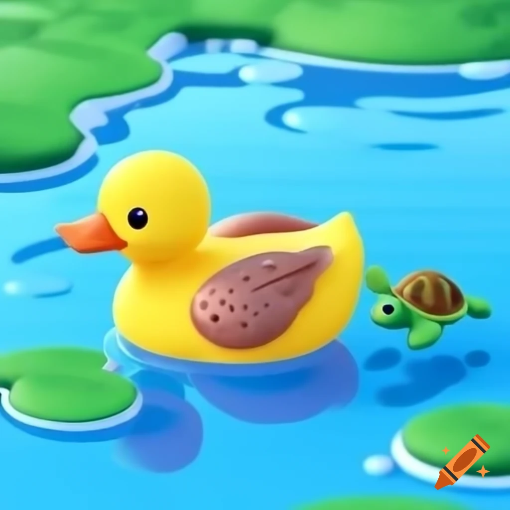 Cartoon style fluffy yellow duck swimming next to green turtle in blue pond