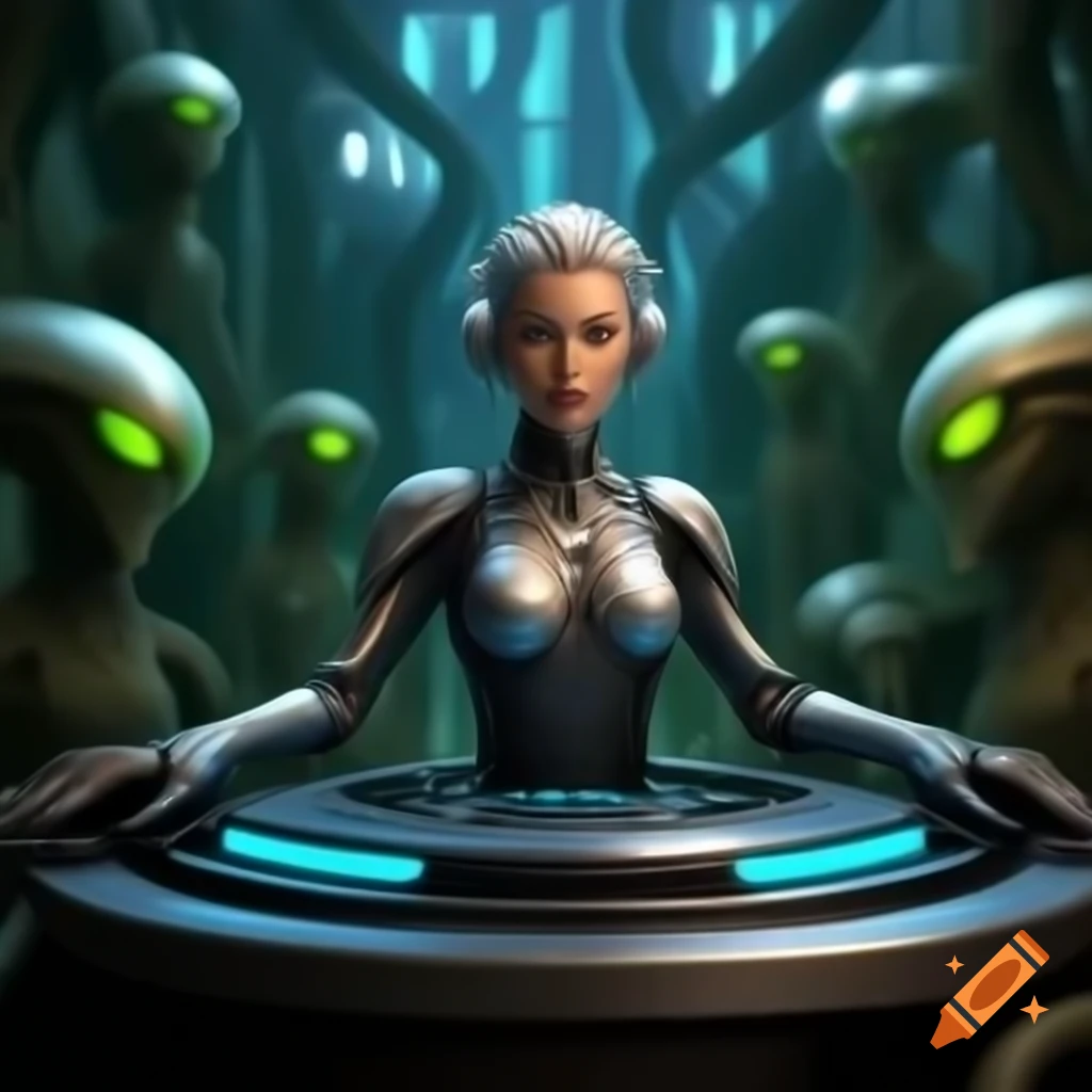 Computer programming queen in cyber-futuristic setting with elegant alien creatures