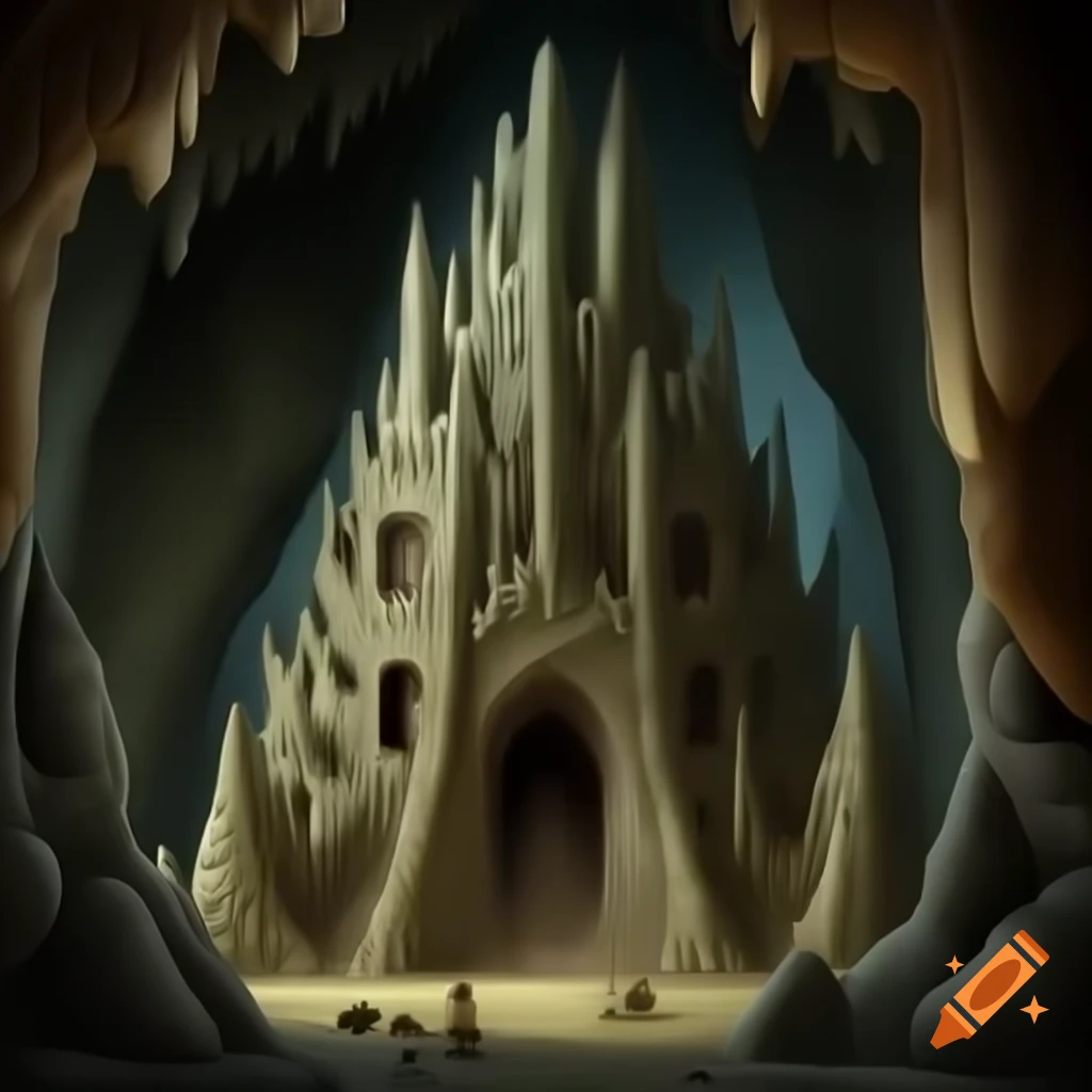 Highly detailed cartoon illustration of mindflayer city in underground cavern