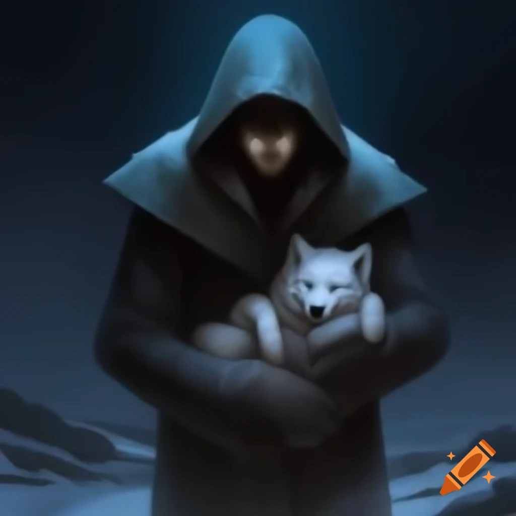 Mysterious hooded figure cloaked in dark fabric and snow on Craiyon