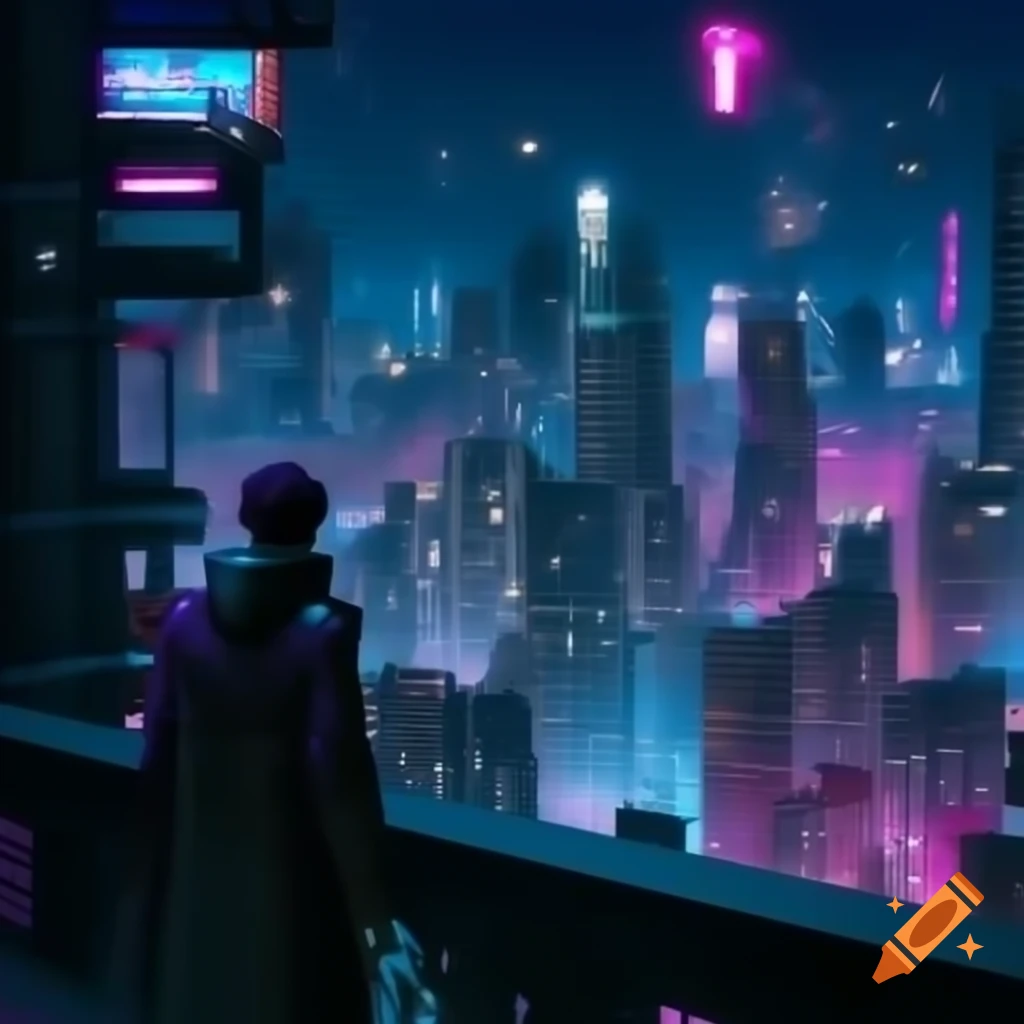 Panoramic view of vibrant neon-lit cyberpunk city at night