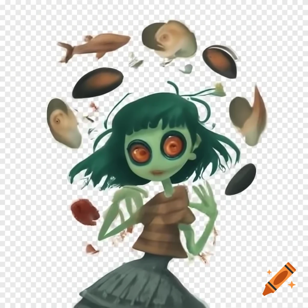 Zombie girl with clams, oysters, and fish on transparent background