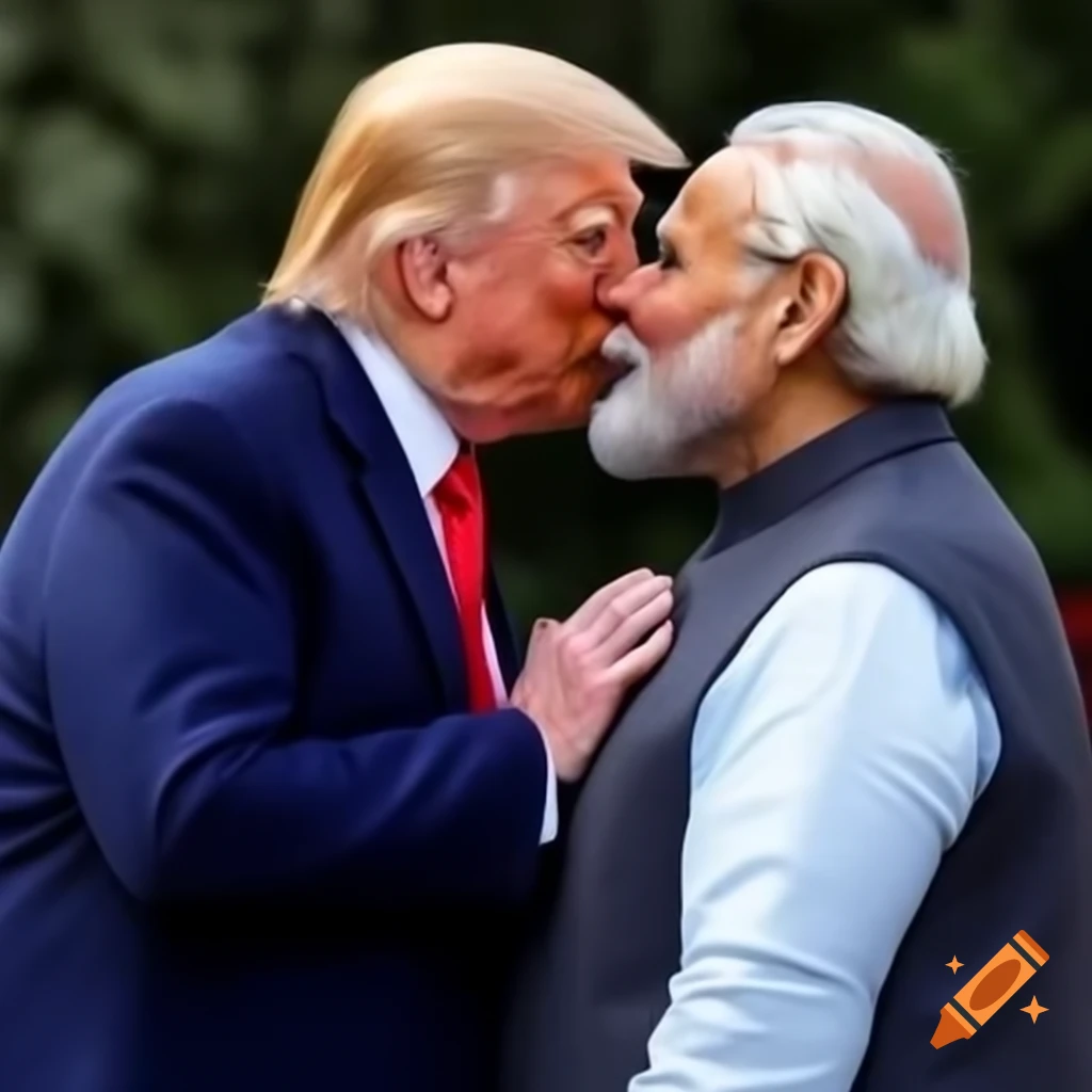 Narendra Modi and Donald Trump in a friendly embrace