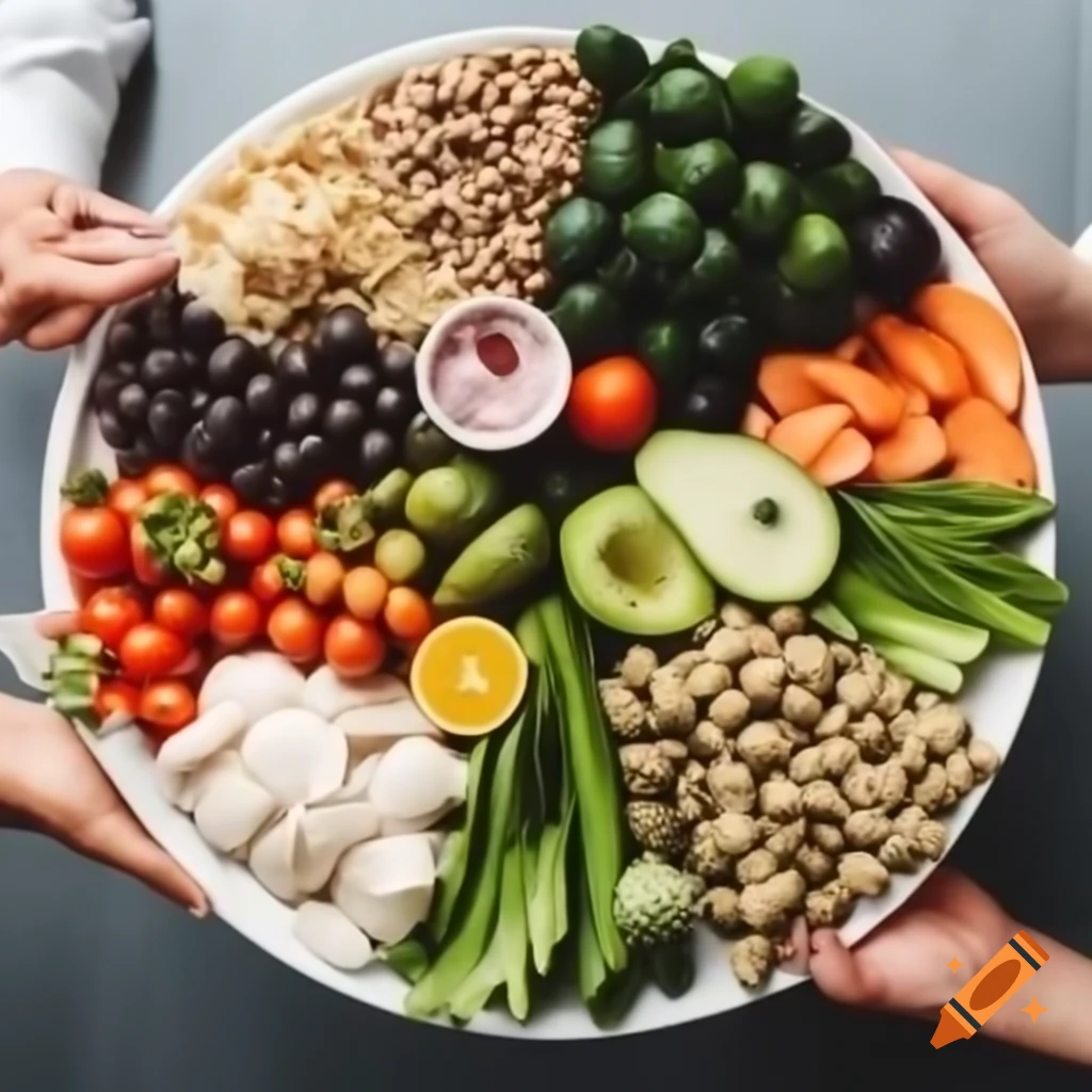 Large plate featuring various types of food arranged beautifully