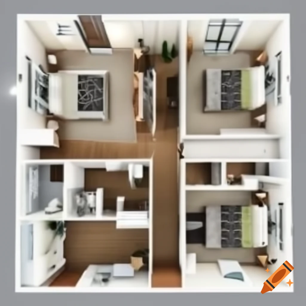 Overview of a house layout with 3 bedrooms, 2 bathrooms, and living space