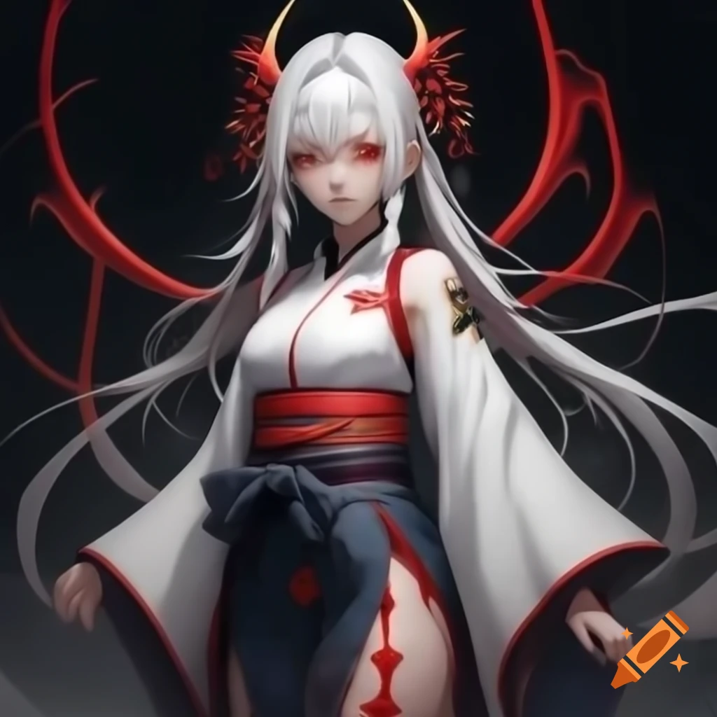 Female anime samurai in white kimono with spider lily details, katana ...
