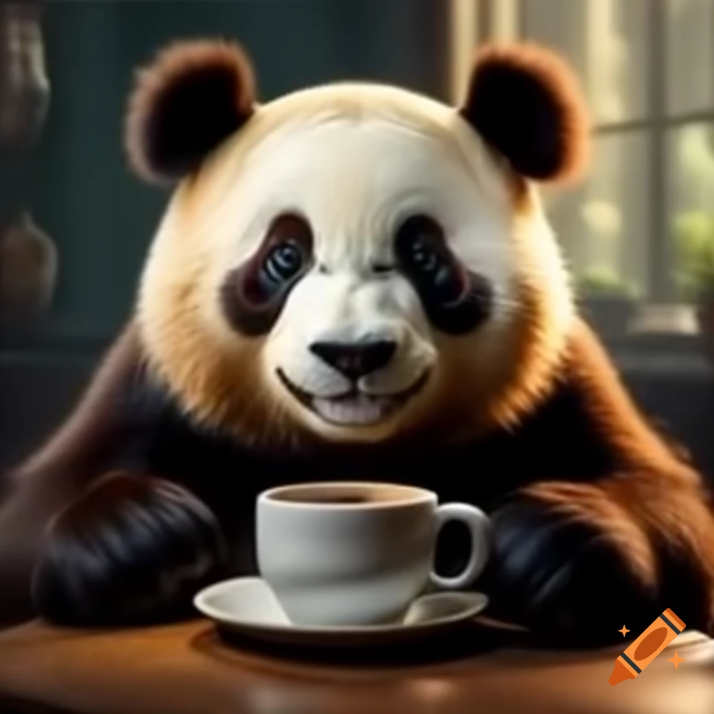 Panda holding a cup of coffee with a happy expression