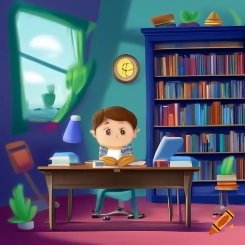 Colorful drawing of a librarian arranging books at a bright desk