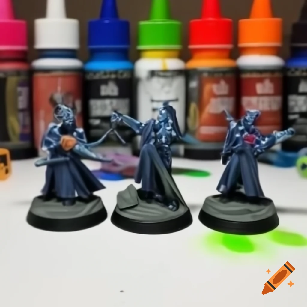 Hand-painted fantasy medieval miniatures with paint and glue bottles