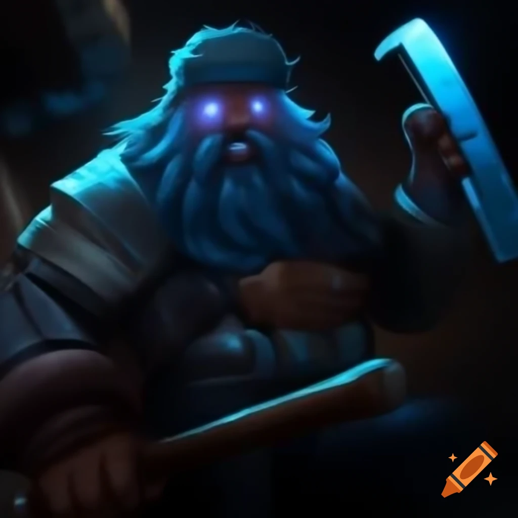Artisan stonecarver with blue glowing eyes holding hammer and knife