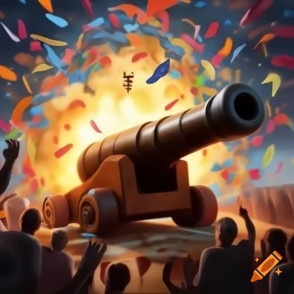 Team firing confetti cannon in vibrant explosion