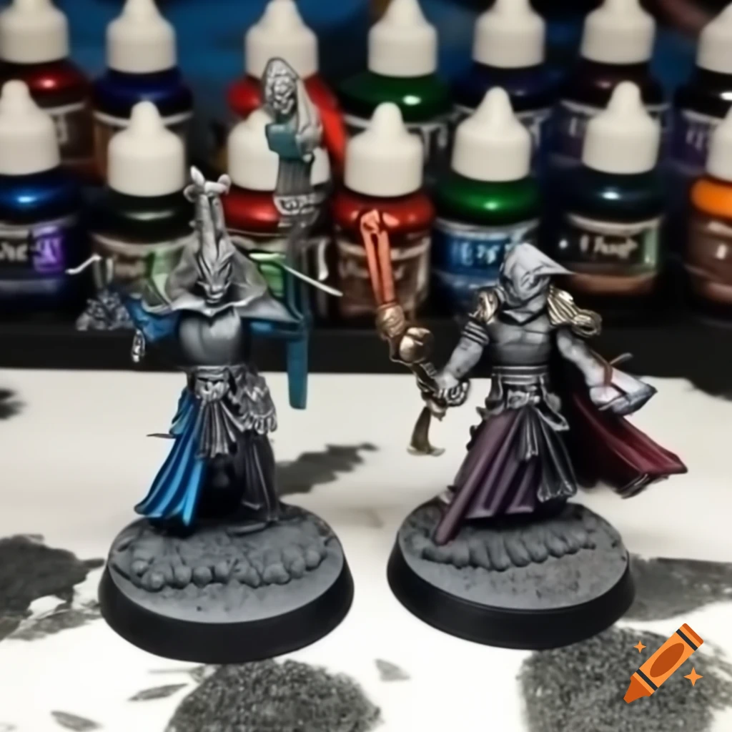 Hand-painted fantasy medieval miniatures with paint and glue bottles