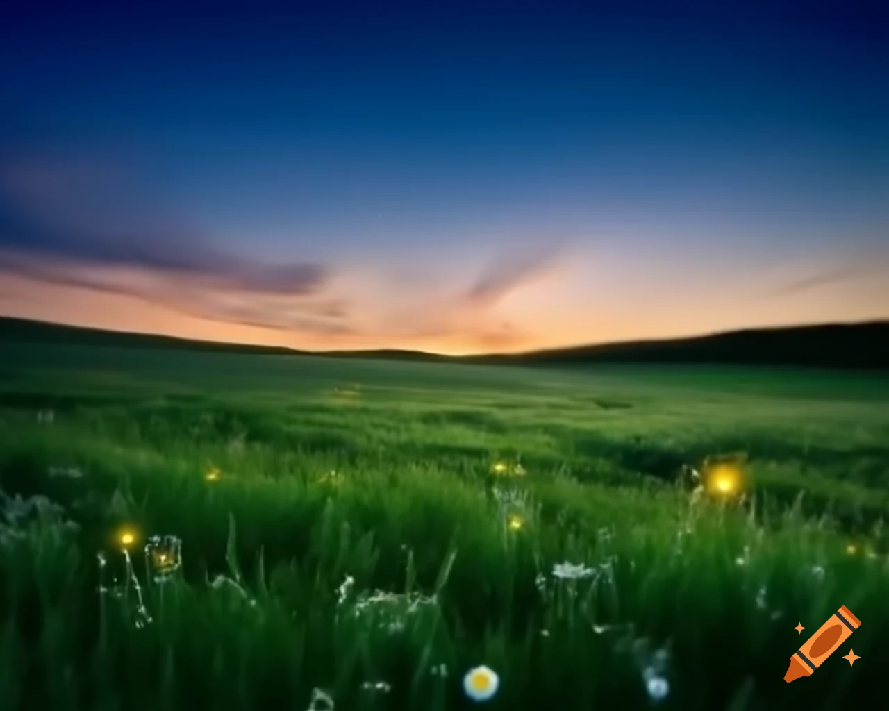 Lush green meadow at twilight with twinkling fireflies and wildflowers