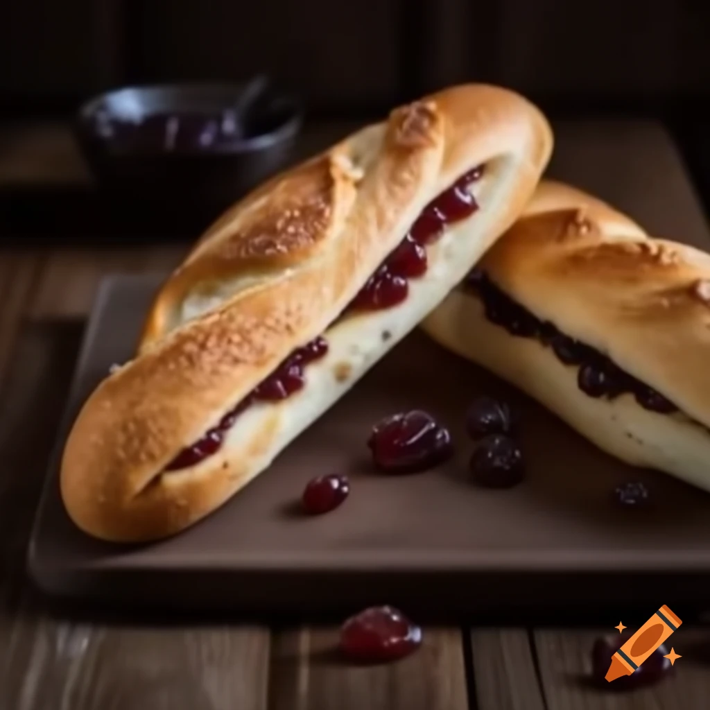 Crispy baguette sliced open with bunch of raw grapes inside