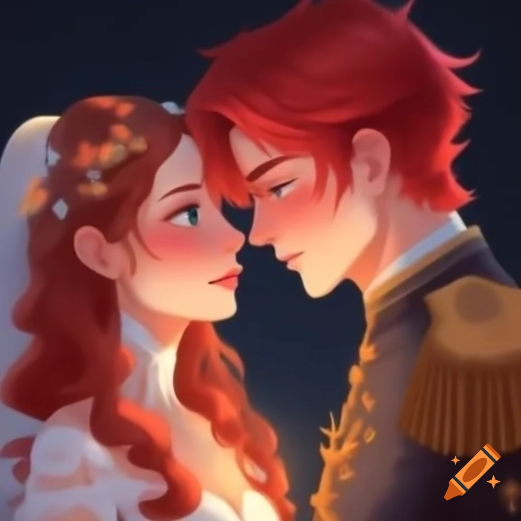 Radiant bride with brown hair and groom with red hair in tender moment