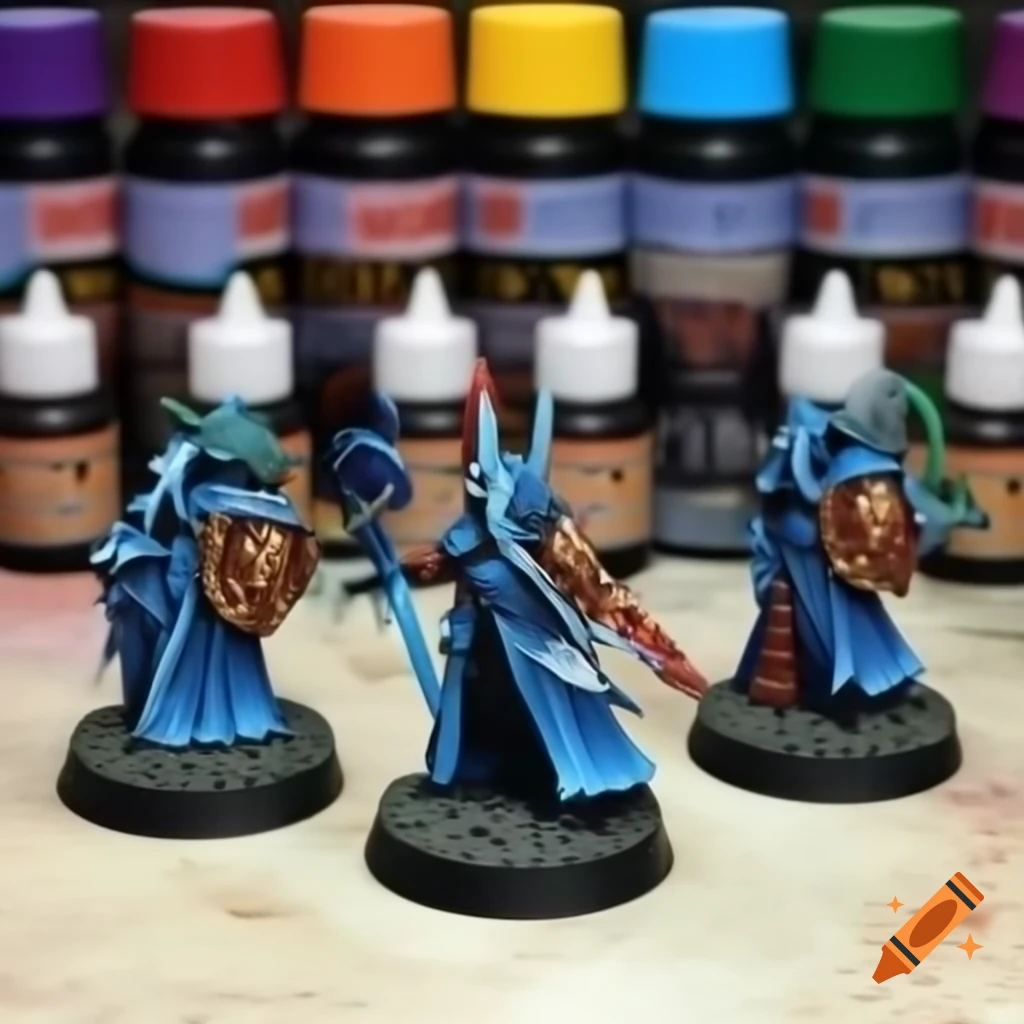 Hand-painted fantasy medieval miniatures with paint and glue bottles