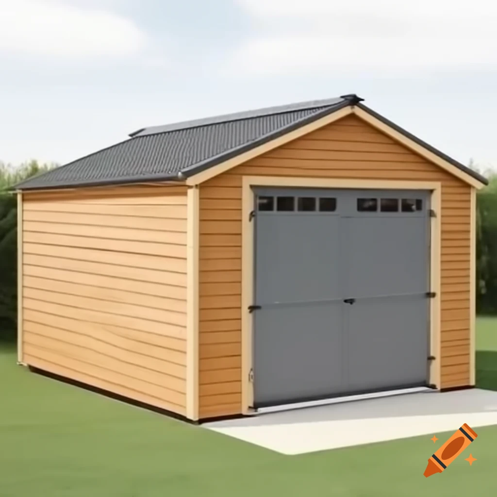 Wood shed with single pitch roof and grey garage door