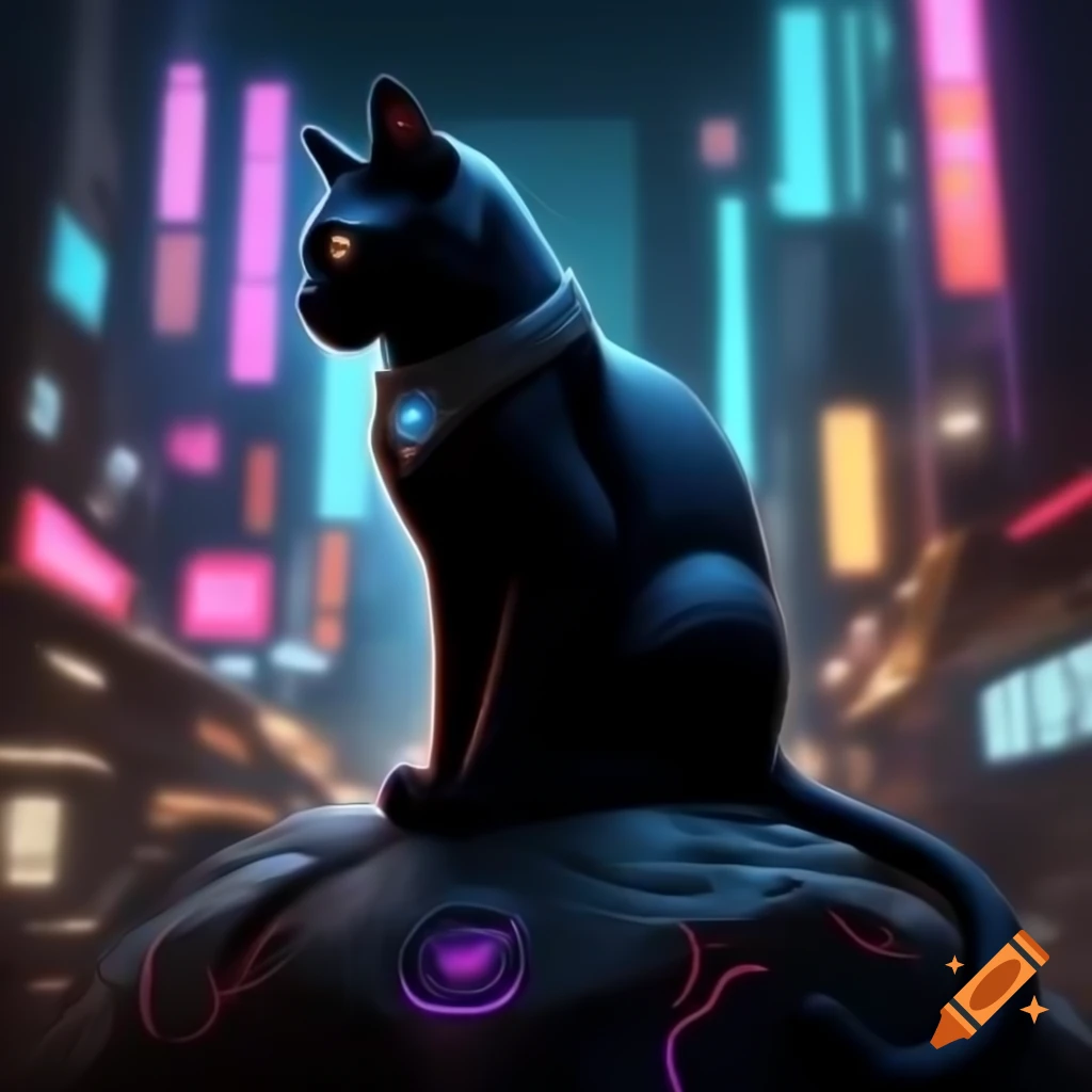 Mysterious black cat on futuristic stone in neon cyberpunk cityscape