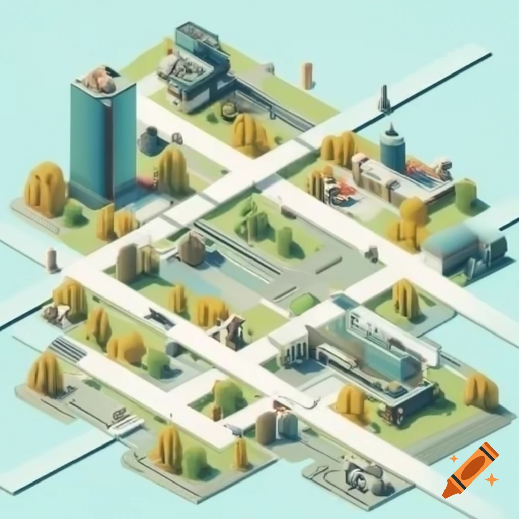 Futuristic city planning in isometric style with geometric shapes and urban landscape