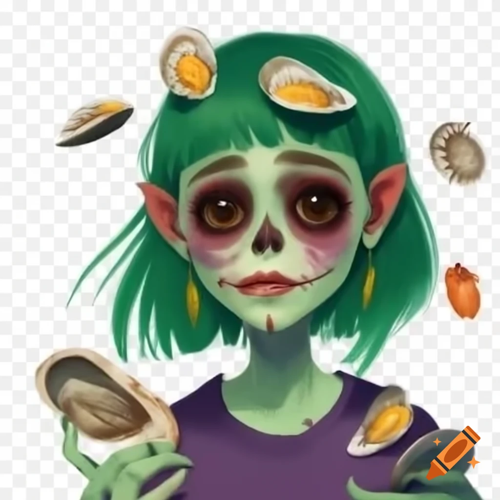 Zombie girl with clams, oysters, and fish on transparent background
