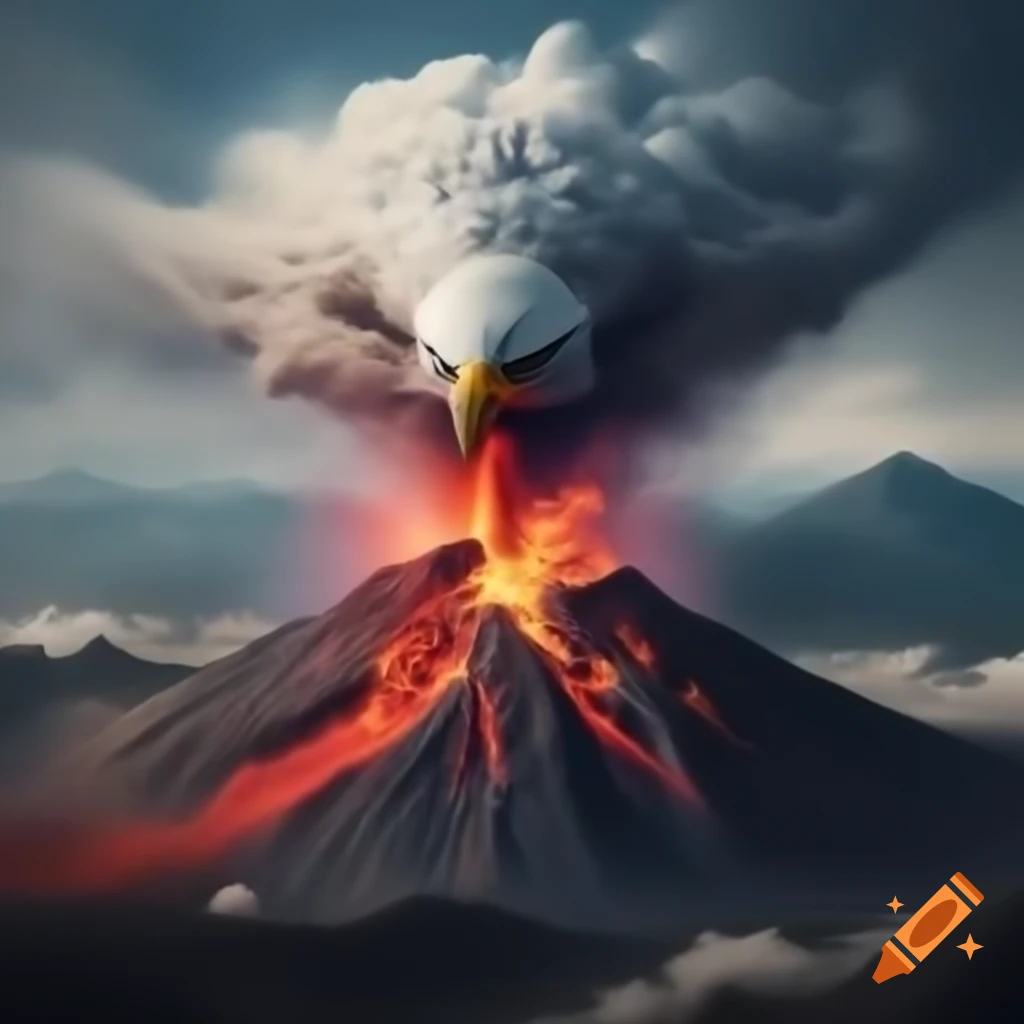 Erupting volcano with bald eagle flying above