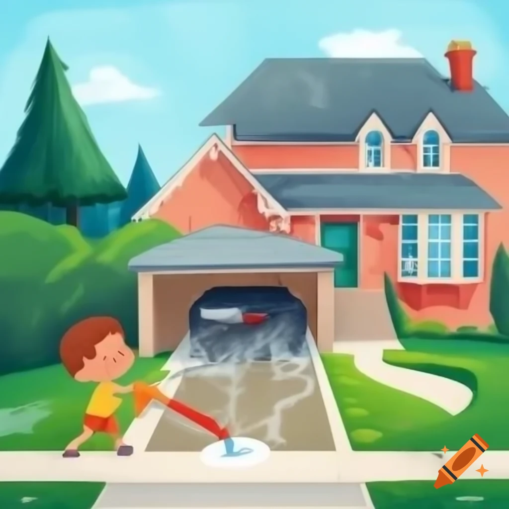 Boy pressure washing driveway in front of a beautiful house