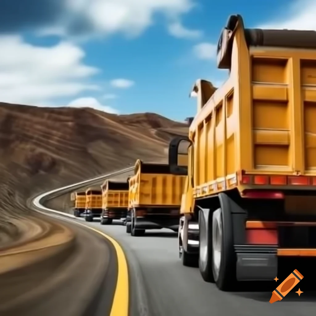 Dump trucks driving along a curvy road