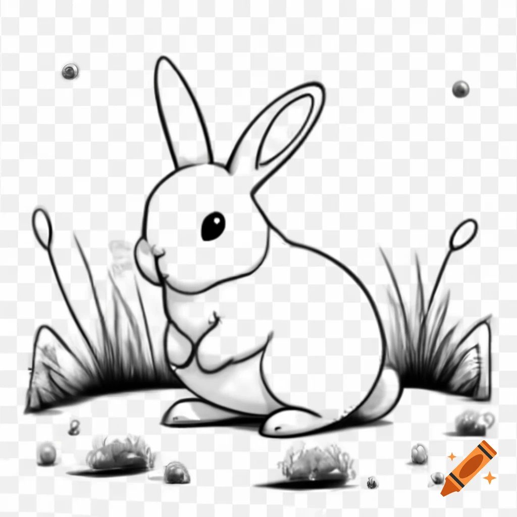 Cute bunny in playful pose with garden background in black and white