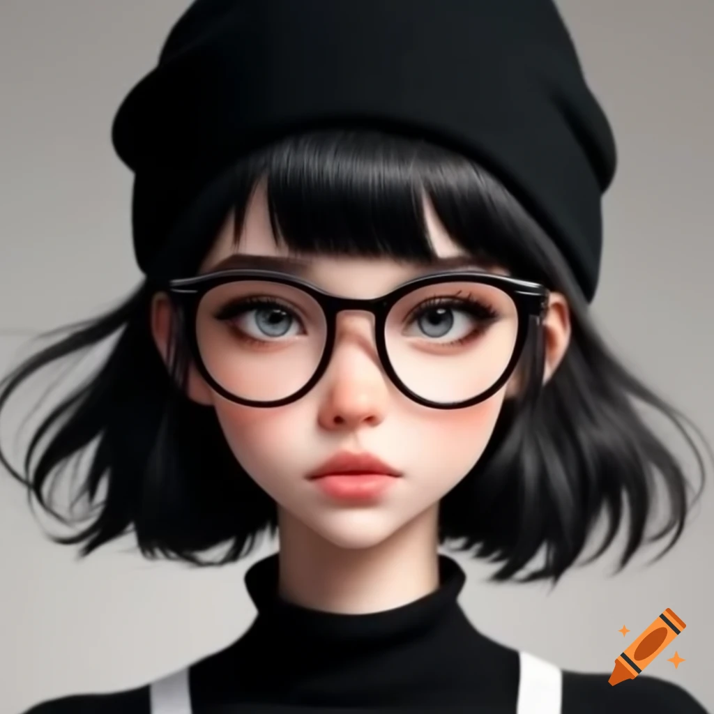 Girl with black beanie and glasses, short black hair and thinner face