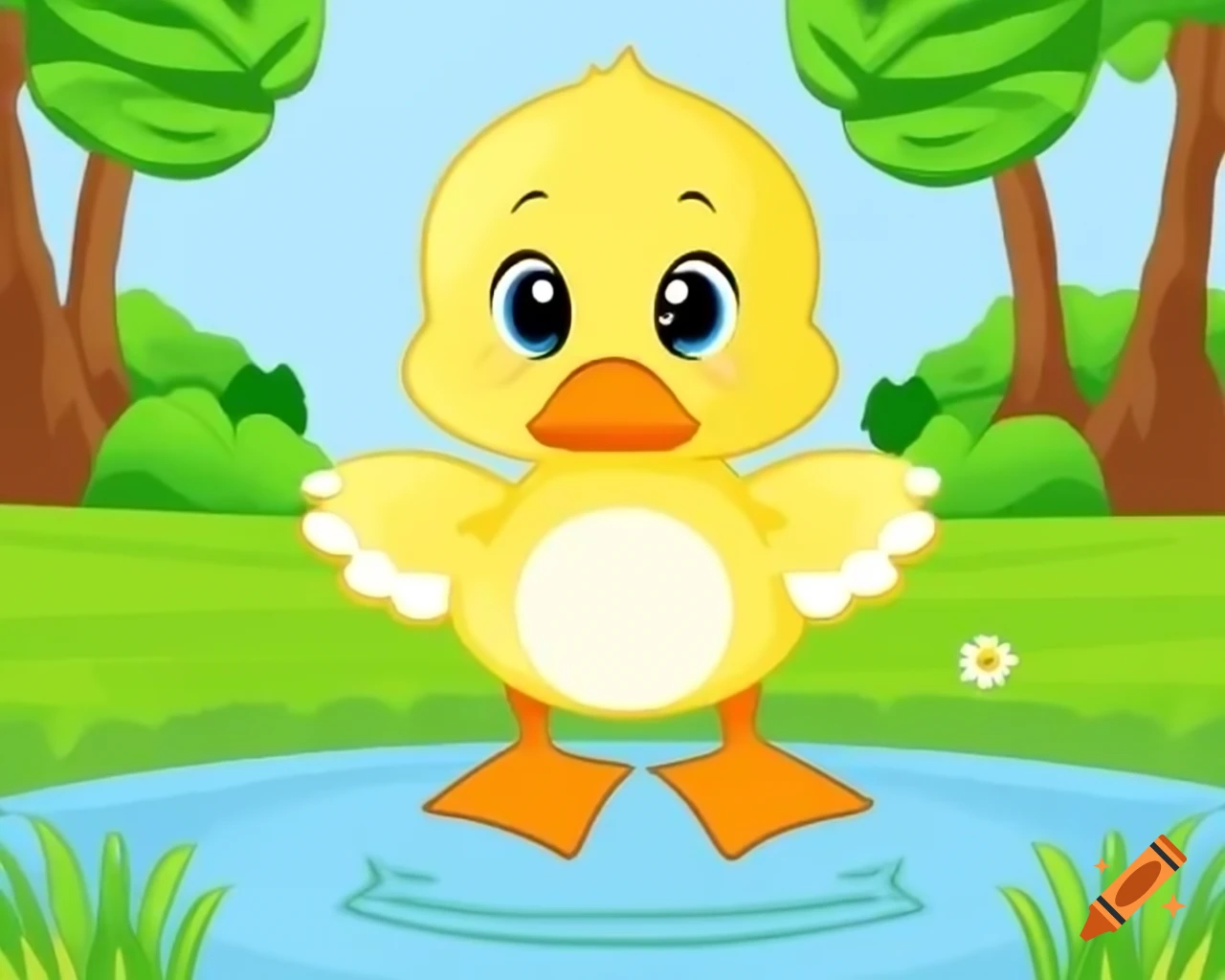 Cute yellow duckling named Daisy standing by peaceful pond with grass and trees