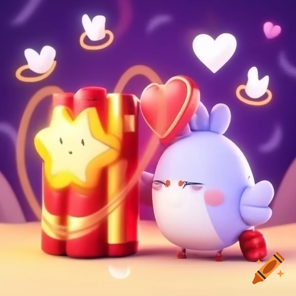 Animated dynamite holding Nobel Peace Prize with hearts, peace signs, and doves in a peaceful background