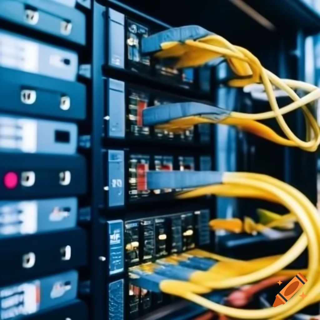 Organized data rack with patch panel and data hub on clear background