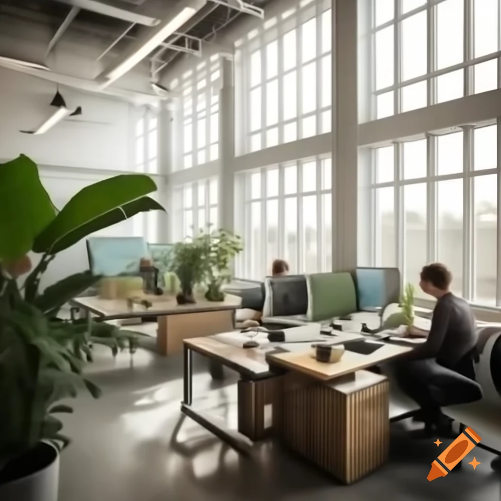 Modern office space with natural light, indoor plants, and employees ...